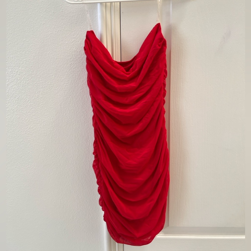 Oh Polly Strapless with clear straps Ruched Scarlet Cocktail Dress